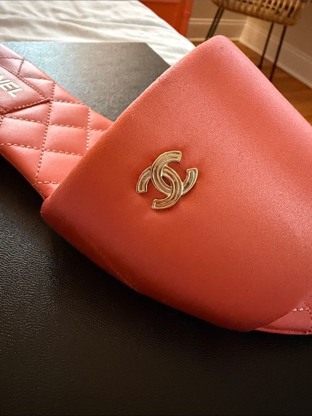 CHANEL Coral Orange Satin CC Mules Slides EU 37.5 | Worn Twice | Box & Dust Bag - Picture 3 of 7